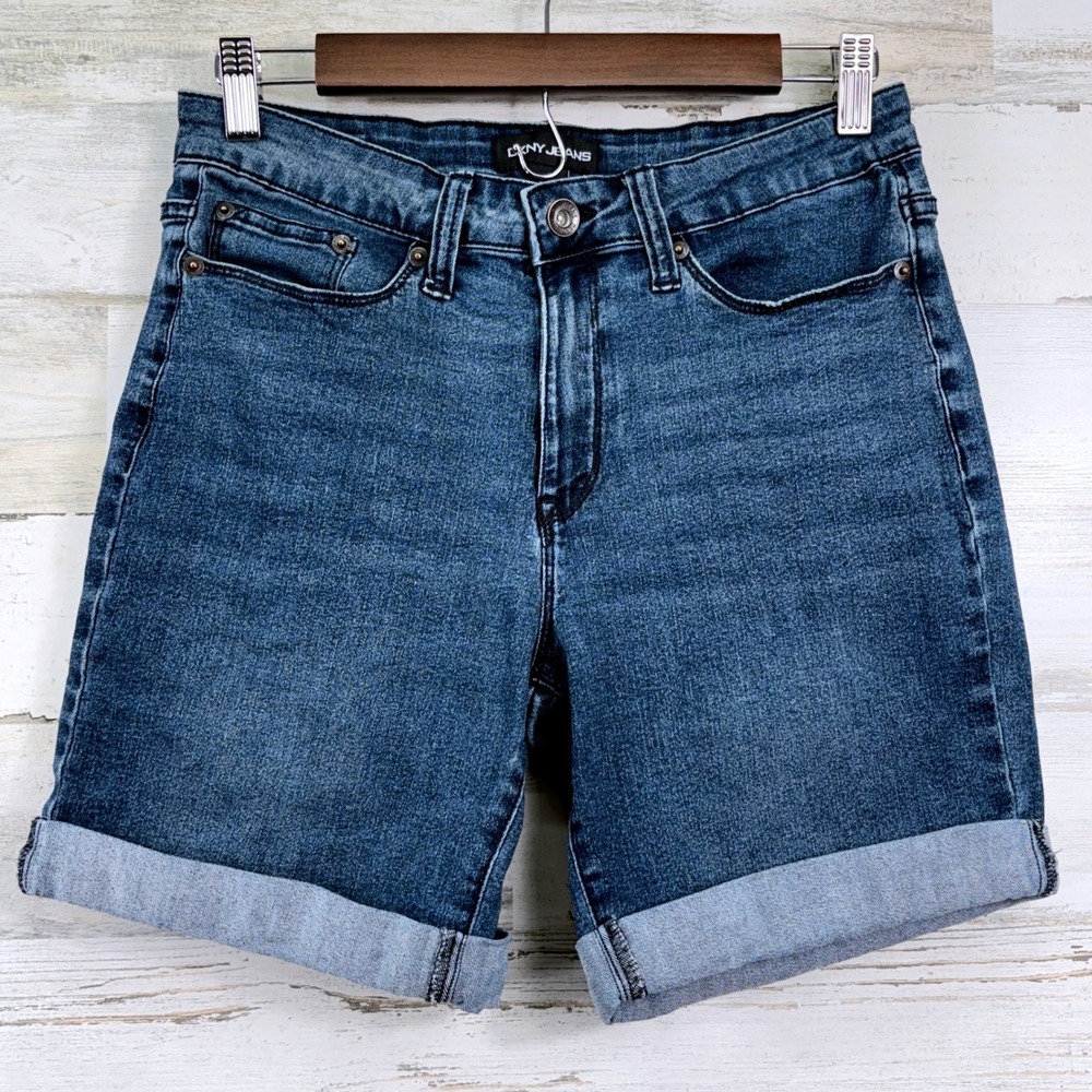 DKNY Jeans Denim Shorts Womens 4 Blue Cuffed Mid Rise Stretch Casual Chic